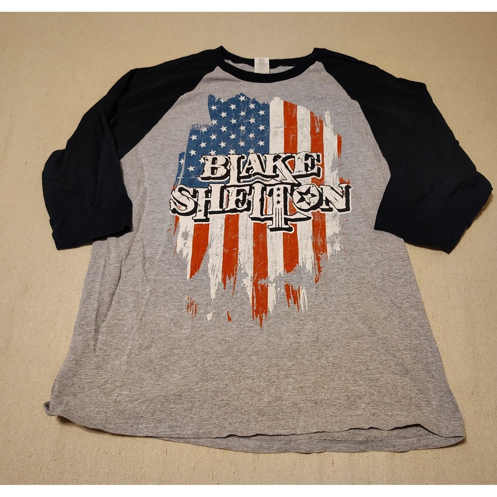 Blake Shelton American Flag Graphic Raglan Baseball Tee Gray Navy Mens Large